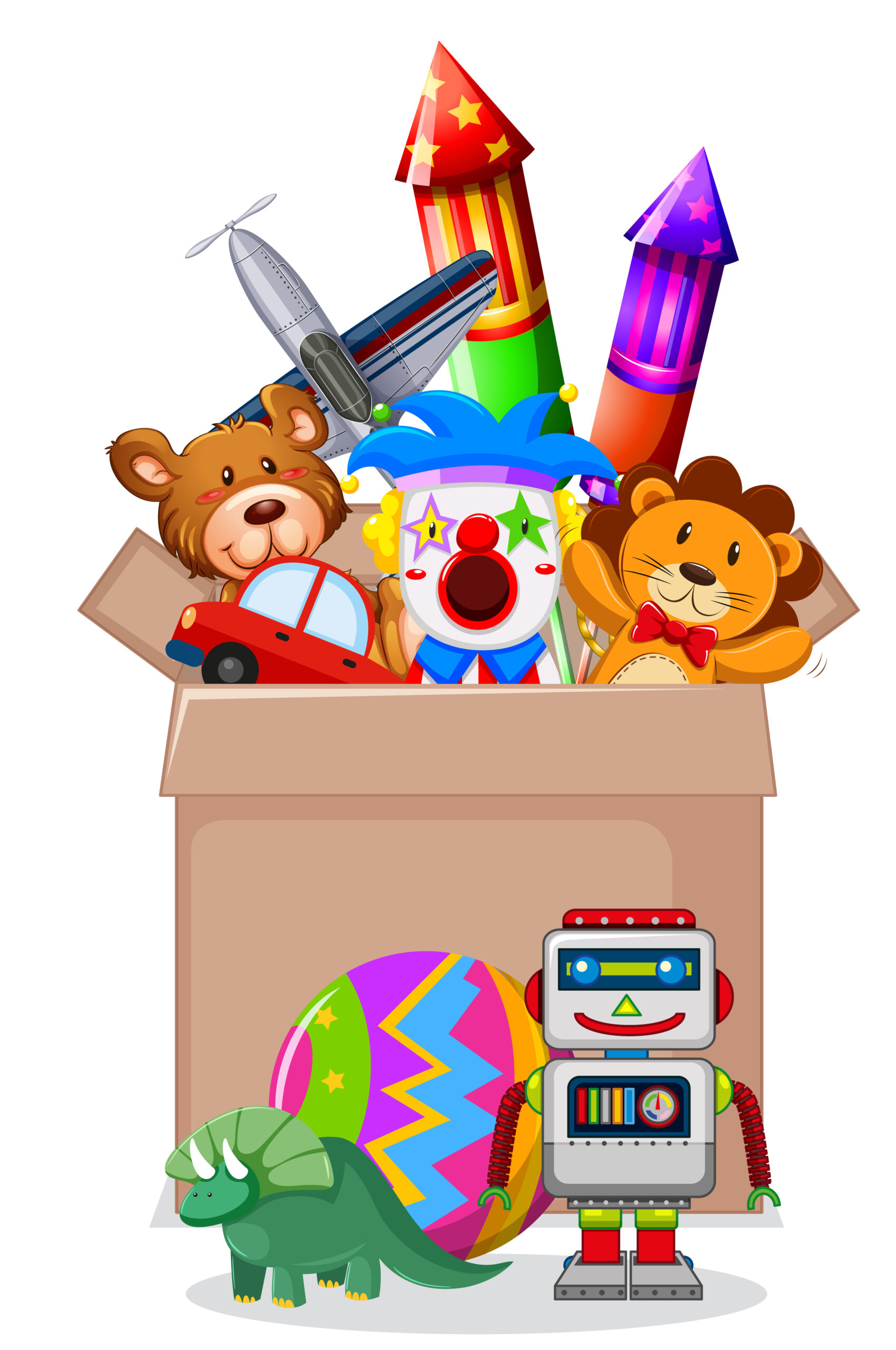 Cardboard box full of toys on white background